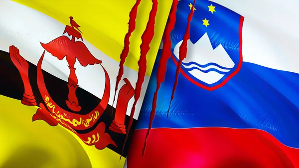 Brunei and Slovenia flags with scar concept. Waving flag,3D rendering. Brunei and Slovenia conflict concept. Brunei Slovenia relations concept. flag of Brunei and Slovenia crisis,war, attack concep