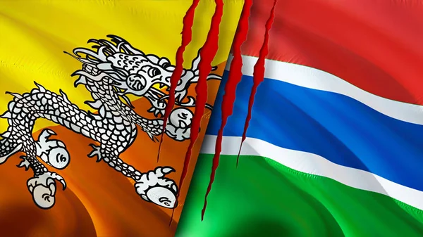 Butão Gâmbia Bandeiras Com Conceito Cicatriz Bandeira Ondulada Renderização Conceito — Fotografia de Stock