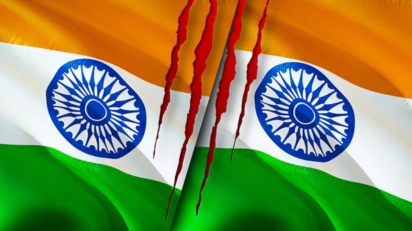 印度和印度的国旗上有疤痕的概念 飘扬的旗帜 3D渲染 印度和印度的冲突概念 印度印度关系概念 印度和印度的国旗危机 — 图库照片