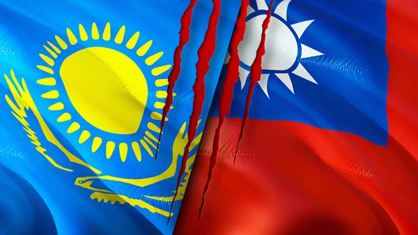 Kazakhstan and Taiwan flags with scar concept. Waving flag,3D rendering. Kazakhstan and Taiwan conflict concept. Kazakhstan Taiwan relations concept. flag of Kazakhstan and Taiwan crisis,war, attac
