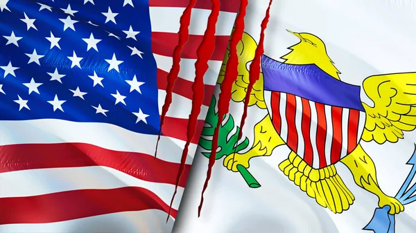 具有疤痕概念的美国和美属维尔京群岛国旗 飘扬的旗帜 3D渲染 美国和美属维尔京群岛冲突概念 美属维尔京群岛关系概念 美国国旗和美国国旗 — 图库照片