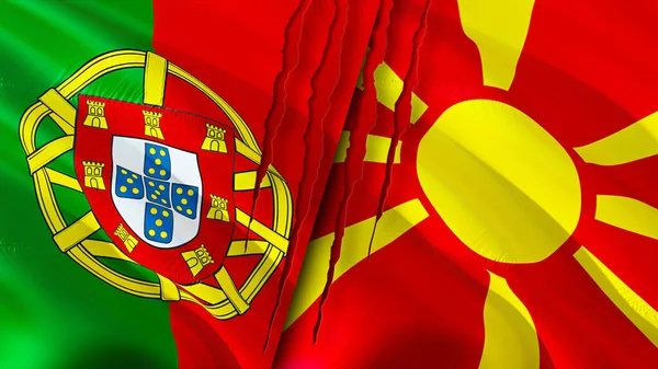 Portogallo Macedonia Del Nord Bandiere Con Concetto Cicatrice Bandiera Sventolante — Foto Stock
