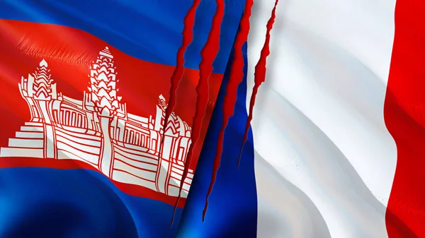 Cambodia and France flags with scar concept. Waving flag,3D rendering. Cambodia and France conflict concept. Cambodia France relations concept. flag of Cambodia and France crisis,war, attack concep