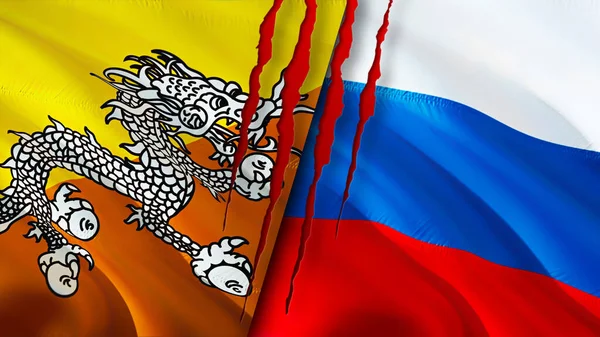 Bhutan and Russia flags with scar concept. Waving flag,3D rendering. Bhutan and Russia conflict concept. Bhutan Russia relations concept. flag of Bhutan and Russia crisis,war, attack concep