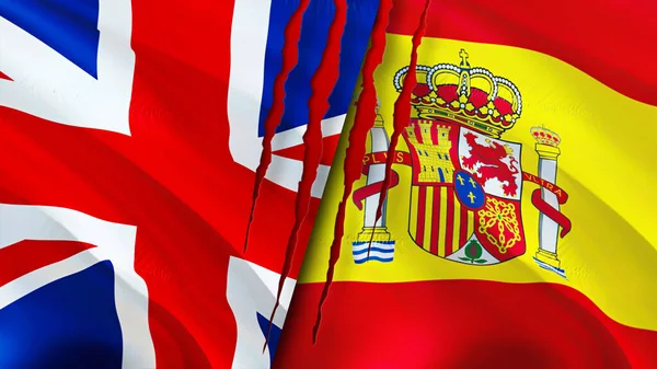联合王国和西班牙国旗上有疤痕概念 飘扬的旗帜 3D渲染 联合王国和西班牙的冲突概念 联合王国 西班牙关系概念 联合王国国旗和Spai国旗 — 图库照片