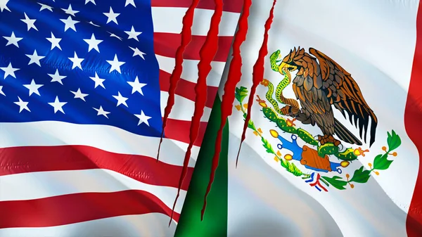 美国和墨西哥的国旗上有疤痕的概念 飘扬的旗帜 3D渲染 美国和墨西哥的冲突概念 美墨关系概念 美国和墨西哥的国旗危机 — 图库照片
