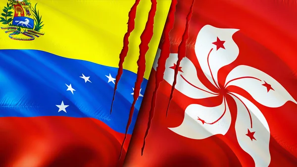 Venezuela and Hong Kong flags with scar concept. Waving flag,3D rendering. Venezuela and Hong Kong conflict concept. Venezuela Hong Kong relations concept. flag of Venezuela and Hong Kon