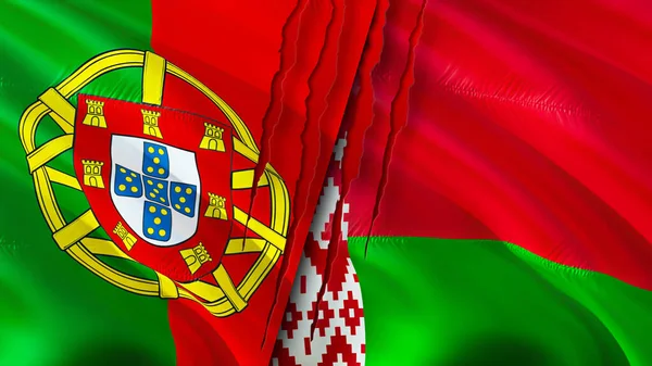 Portogallo Bielorussia Bandiere Con Concetto Cicatrice Bandiera Sventolante Rendering Portogallo — Foto Stock