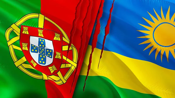 ポルトガルとルワンダは傷の概念で旗を翻す 旗を振って3Dレンダリング ポルトガルとルワンダの紛争の概念 ポルトガル ルワンダ関係の概念 ポルトガルとルワンダの危機戦争攻撃コンプ — ストック写真