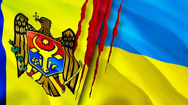 Moldavia Ucraina Bandiere Con Concetto Cicatrice Bandiera Sventolante Rendering Moldavia — Foto Stock