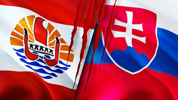 French Polynesia and Slovakia flags with scar concept. Waving flag,3D rendering. French Polynesia and Slovakia conflict concept. French Polynesia Slovakia relations concept. flag of French Polynesi