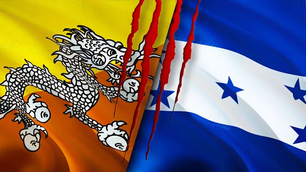 Bhutan and Honduras flags with scar concept. Waving flag,3D rendering. Bhutan and Honduras conflict concept. Bhutan Honduras relations concept. flag of Bhutan and Honduras crisis,war, attack concep