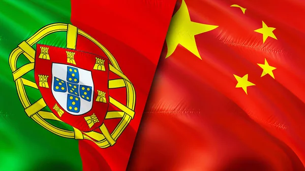 Portekiz Çin Bayrakları Boyutlu Dalgalanan Bayrak Tasarımı Portekiz Çin Bayrağı — Stok fotoğraf