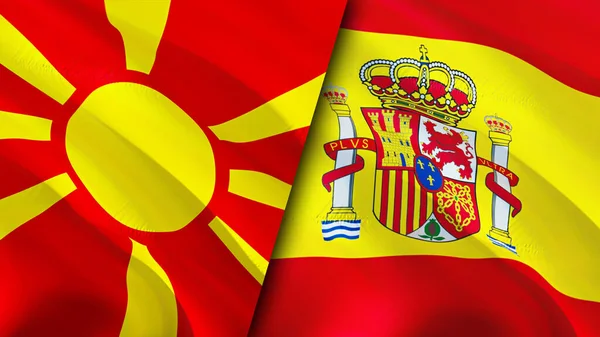 马其顿和西班牙的国旗 3D波浪旗帜设计 北马其顿西班牙国旗 北马其顿对西班牙的图像 3D渲染 北马其顿西班牙关系联盟 — 图库照片
