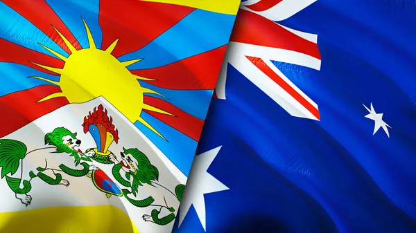Tibet and Australia flags with scar concept. Waving flag,3D rendering. Tibet and Australia conflict concept. Tibet Australia relations concept. flag of Tibet and Australia crisis,war, attack concep