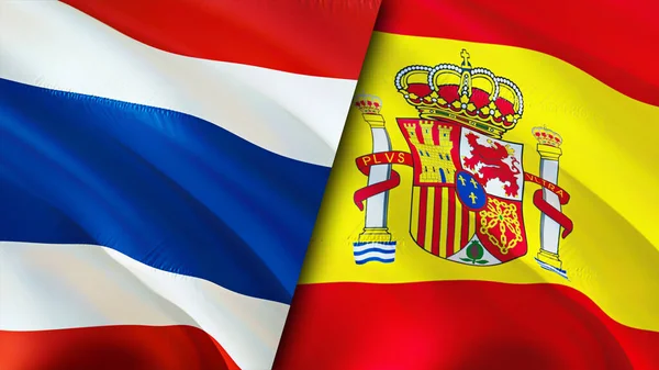 Thailand and Spain flags. 3D Waving flag design. Thailand Spain flag, picture, wallpaper. Thailand vs Spain image,3D rendering. Thailand Spain relations alliance and Trade,travel,tourism concep