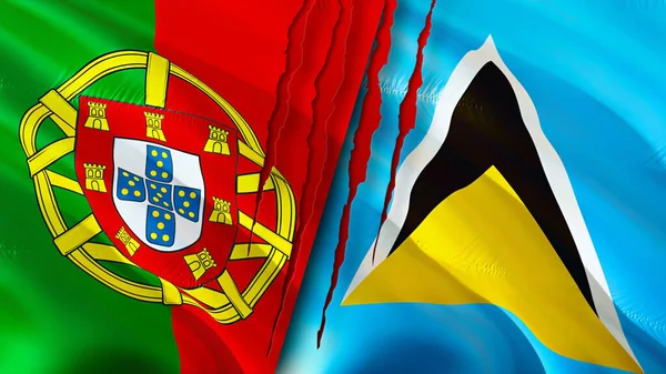 Portugal and Saint Lucia flags with scar concept. Waving flag,3D rendering. Portugal and Saint Lucia conflict concept. Portugal Saint Lucia relations concept. flag of Portugal and Saint Luci