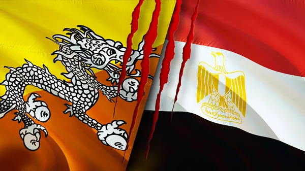 Bhutan and Egypt flags with scar concept. Waving flag,3D rendering. Bhutan and Egypt conflict concept. Bhutan Egypt relations concept. flag of Bhutan and Egypt crisis,war, attack concep
