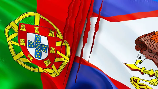 ポルトガルとアメリカのサモアは傷の概念で旗を翻す 旗を振って3Dレンダリング ポルトガルとアメリカのサモア紛争の概念 ポルトガルアメリカサモア関係の概念 ポルトガルとアメリカの国旗 — ストック写真