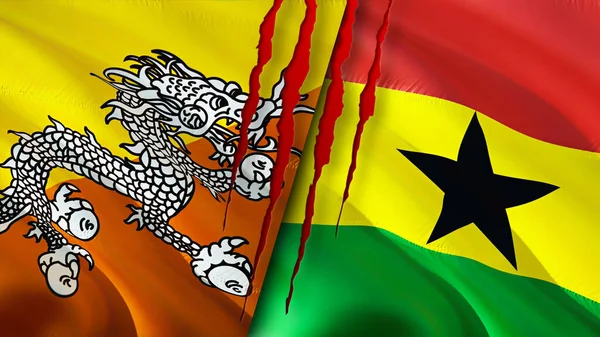Bhutan Och Ghana Flaggor Med Ärr Koncept Viftar Med Flaggan — Stockfoto