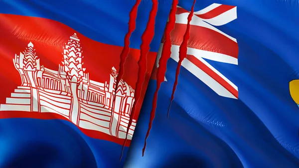 Cambodia and Saint Helena flags with scar concept. Waving flag,3D rendering. Cambodia and Saint Helena conflict concept. Cambodia Saint Helena relations concept. flag of Cambodia and Saint Helen
