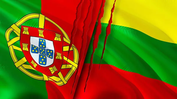 Portugal and Lithuania flags with scar concept. Waving flag,3D rendering. Portugal and Lithuania conflict concept. Portugal Lithuania relations concept. flag of Portugal and Lithuania crisis,war