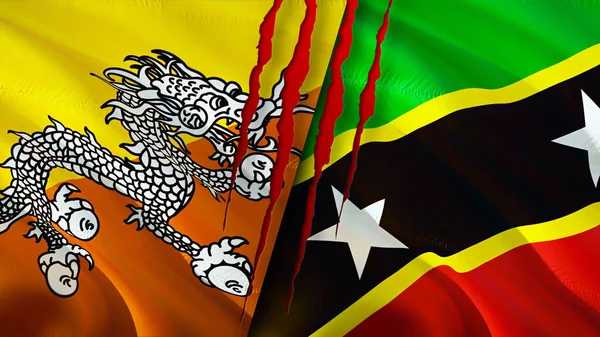 Bhutan ve Saint Kitts ve yara izi konseptli Nevis bayrakları. Dalgalanan bayrak, 3 boyutlu görüntüleme. Butan ve Saint Kitts ve Nevis çatışma konsepti. Butan Saint Kitts ve Nevis ilişkileri kavramı. Bhuta bayrağı
