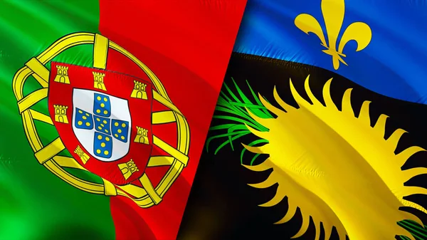 ポルトガルとグアドループの旗 3D波動旗のデザイン ポルトガルのグアドループ旗 ポルトガル対グアドループ画像 3Dレンダリング ポルトガル グアドループ関係同盟 — ストック写真