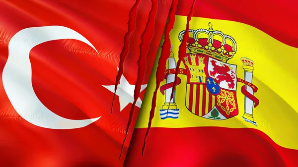 土耳其和西班牙的国旗上有疤痕的概念 飘扬的旗帜 3D渲染 土耳其和西班牙冲突概念 土耳其西班牙关系概念 土耳其和西班牙国旗危机 — 图库照片