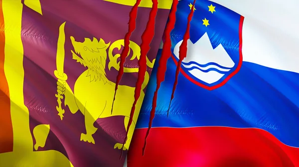 Sri Lanka and Slovenia flags with scar concept. Waving flag,3D rendering. Sri Lanka and Slovenia conflict concept. Sri Lanka Slovenia relations concept. flag of Sri Lanka and Slovenia crisis,war