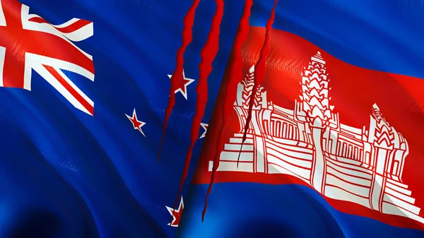 新西兰和柬埔寨的国旗带有疤痕概念 波浪旗3D渲染 新西兰和柬埔寨冲突概念 新西兰柬埔寨关系概念 新西兰和柬埔寨国旗 — 图库照片