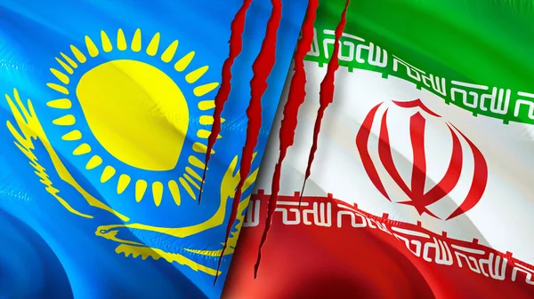 Kazakhstan and Iran flags with scar concept. Waving flag,3D rendering. Kazakhstan and Iran conflict concept. Kazakhstan Iran relations concept. flag of Kazakhstan and Iran crisis,war, attack concep