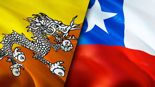 Bhutan and Chile flags. 3D Waving flag design. Bhutan Chile flag, picture, wallpaper. Bhutan vs Chile image,3D rendering. Bhutan Chile relations alliance and Trade,travel,tourism concep