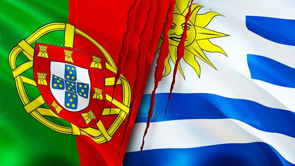 ポルトガルとウルグアイは傷の概念で旗を掲げる 旗を振って3Dレンダリング ポルトガルとウルグアイの紛争の概念 ポルトガルウルグアイ関係の概念 ポルトガルとウルグアイの危機戦争攻撃 — ストック写真