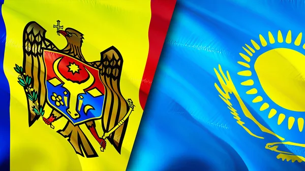 Moldova ve Kazakistan bayrakları. 3 boyutlu dalgalanan bayrak tasarımı. Moldova Kazakistan bayrağı, resim, duvar kağıdı. Moldova Kazakistan 'a karşı, görüntü 3 boyutlu. Moldova Kazakistan ile ittifak
