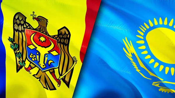 Moldova and Kazakhstan flags. 3D Waving flag design. Moldova Kazakhstan flag, picture, wallpaper. Moldova vs Kazakhstan image,3D rendering. Moldova Kazakhstan relations alliance an