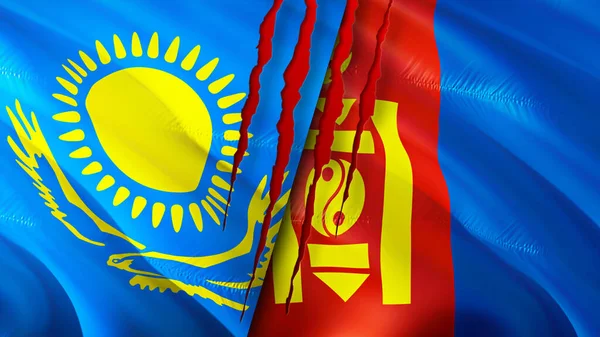 Yara izi olan Kazakistan ve Moğolistan bayrakları. Dalgalanan bayrak, 3 boyutlu görüntüleme. Kazakistan ve Moğolistan çatışma konsepti. Kazakistan Moğolistan ilişkileri kavramı. Kazakistan ve Moğol bayrağı