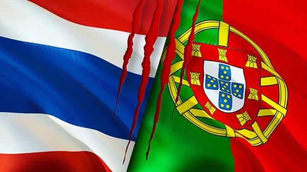 Thailand and Portugal flags with scar concept. Waving flag,3D rendering. Thailand and Portugal conflict concept. Thailand Portugal relations concept. flag of Thailand and Portugal crisis,war, attac