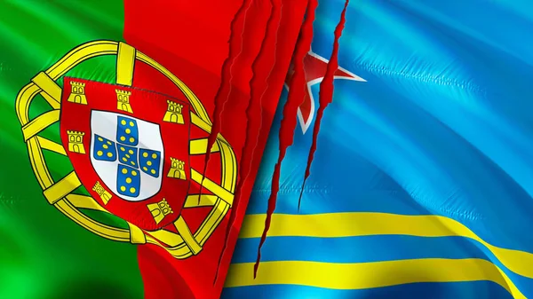 Portogallo Aruba Bandiere Con Concetto Cicatrice Bandiera Sventolante Rendering Portogallo — Foto Stock