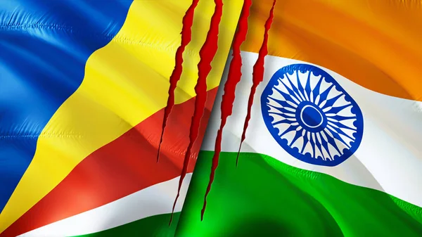 Seychelles and India flags with scar concept. Waving flag,3D rendering. Seychelles and India conflict concept. Seychelles India relations concept. flag of Seychelles and India crisis,war, attac
