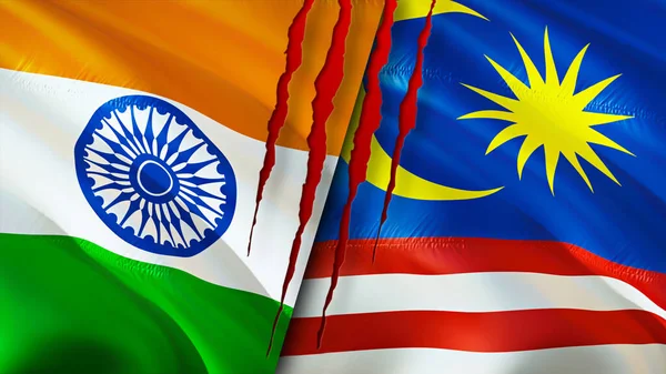 Bandiere India Malesia Con Concetto Cicatrice Bandiera Sventolante Rendering India — Foto Stock