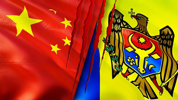 China and Moldova flags with scar concept. Waving flag,3D rendering. China and Moldova conflict concept. China Moldova relations concept. flag of China and Moldova crisis,war, attack concep