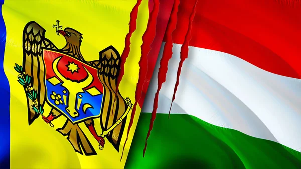 Moldova and Hungary flags with scar concept. Waving flag,3D rendering. Moldova and Hungary conflict concept. Moldova Hungary relations concept. flag of Moldova and Hungary crisis,war, attack concep