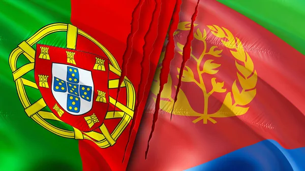 葡萄牙和厄立特里亚带有伤疤概念的国旗 飘扬的旗帜 3D渲染 葡萄牙和厄立特里亚冲突概念 葡萄牙厄立特里亚关系概念 葡萄牙和厄立特里亚国旗危机 战争C — 图库照片