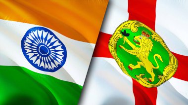 Hindistan ve Alderney bayrakları. 3 boyutlu dalgalanan bayrak tasarımı. Hindistan Alderney bayrağı, resim, duvar kağıdı. Hindistan, Alderney 'e karşı, görüntü 3 boyutlu. Hindistan Alderney ilişkileri ittifak ve ticaret, seyahat, turizm konsepti