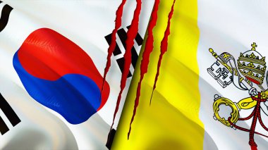 Güney Kore ve Vatikan bayrakları yara izi konseptiyle. Dalgalanan bayrak, 3 boyutlu görüntüleme. Güney Kore ve Vatikan çatışma konsepti. Güney Kore Vatikan ilişkileri kavramı. Güney Kore ve Vatika bayrağı