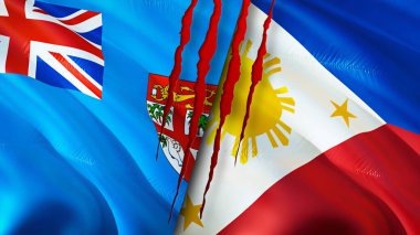 Fiji ve Filipinler bayrakları ve yara izi konsepti. Dalgalanan bayrak, 3 boyutlu görüntüleme. Fiji ve Filipinler çatışması konsepti. Fiji Filipinler ilişkileri konsepti. Fiji ve Filipinler bayrağı krizi, savaş, attac