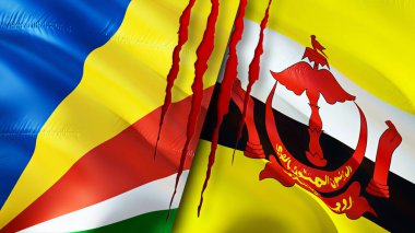 Yara izi olan Seyşeller ve Brunei bayrakları. Dalgalanan bayrak, 3 boyutlu görüntüleme. Seyşeller ve Brunei çatışma konsepti. Seyşeller Brunei ilişkileri kavramı. Seyşel bayrağı ve Brunei krizi, savaş, attac