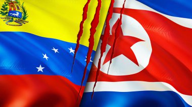 Venezuela ve Kuzey Kore yara izi olan bayraklar. Dalgalanan bayrak, 3 boyutlu görüntüleme. Venezuela ve Kuzey Kore çatışma konsepti. Venezuela Kuzey Kore ilişkileri kavramı. Venezuela ve Kuzey Kore bayrağı