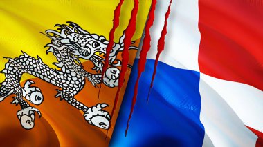 Bhutan ve Panama bayrakları yara izi konseptiyle. Dalgalanan bayrak, 3 boyutlu görüntüleme. Butan ve Panama çatışma konsepti. Butan Panama ilişkileri kavramı. Bhutan bayrağı ve Panama krizi, savaş, saldırı konsepti